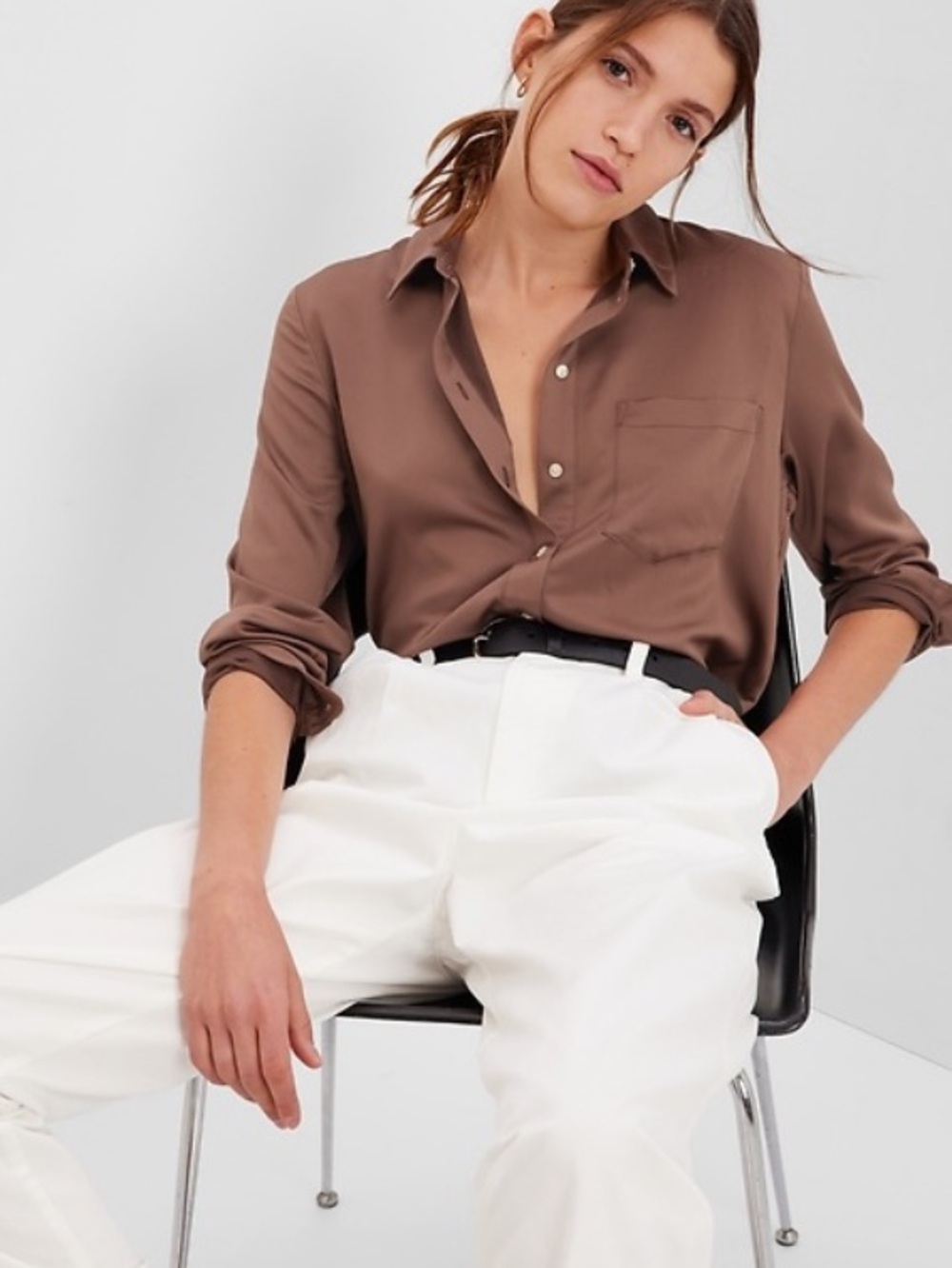 Gap satin boyfriend shirt sz M taupe oversized